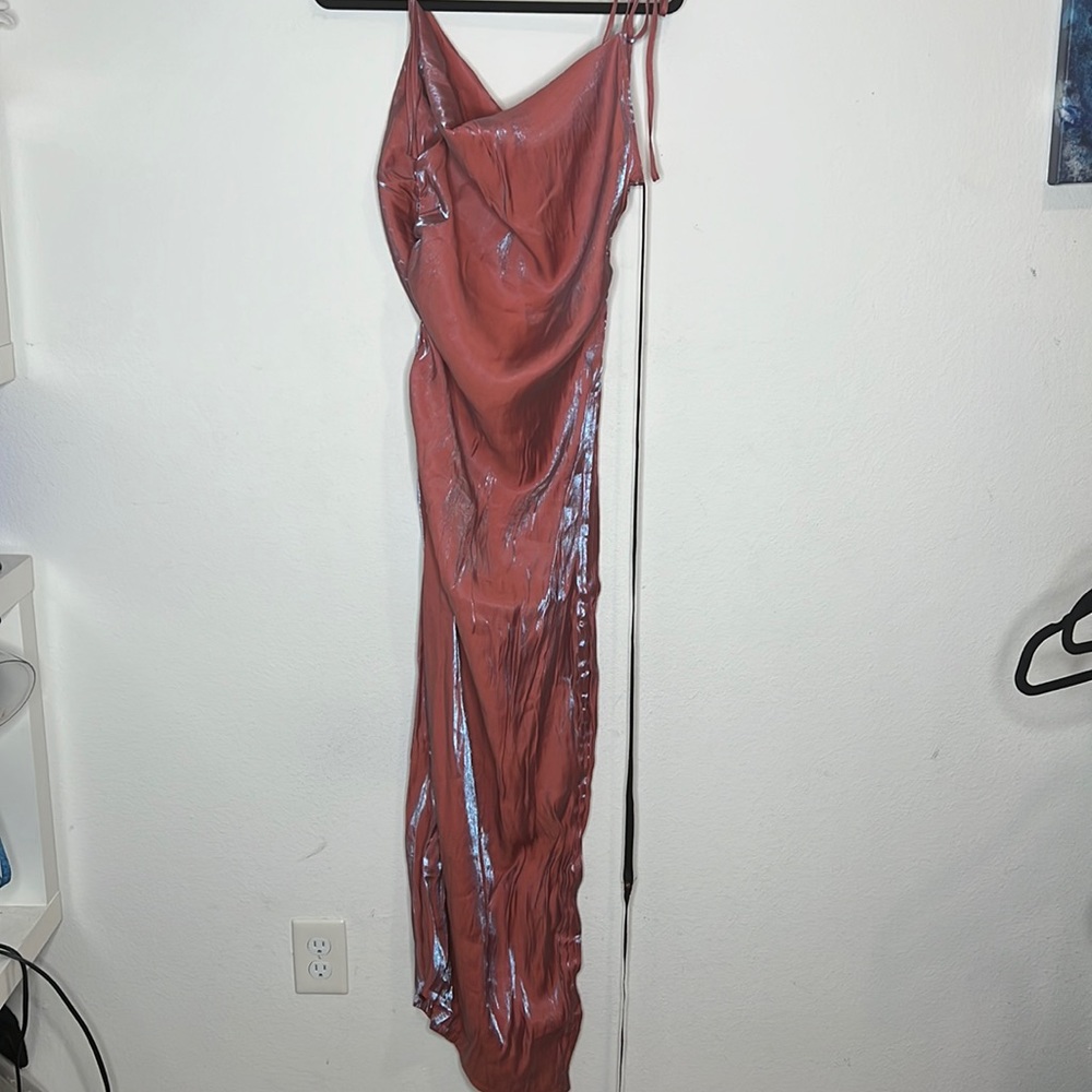 Pink Metallic Shimmer Cowl Neck Tie Strap Midi Dress